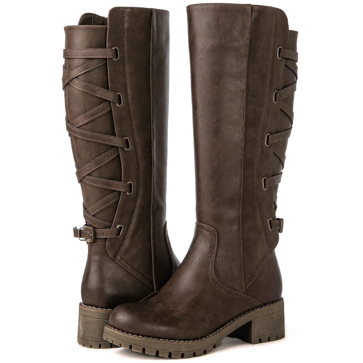 GLOBALWIN Women's Strappy Motorcycle Knee High Boots Riding Boots Back Lace Up Fall Winter Fashion Knee High Boots For Women