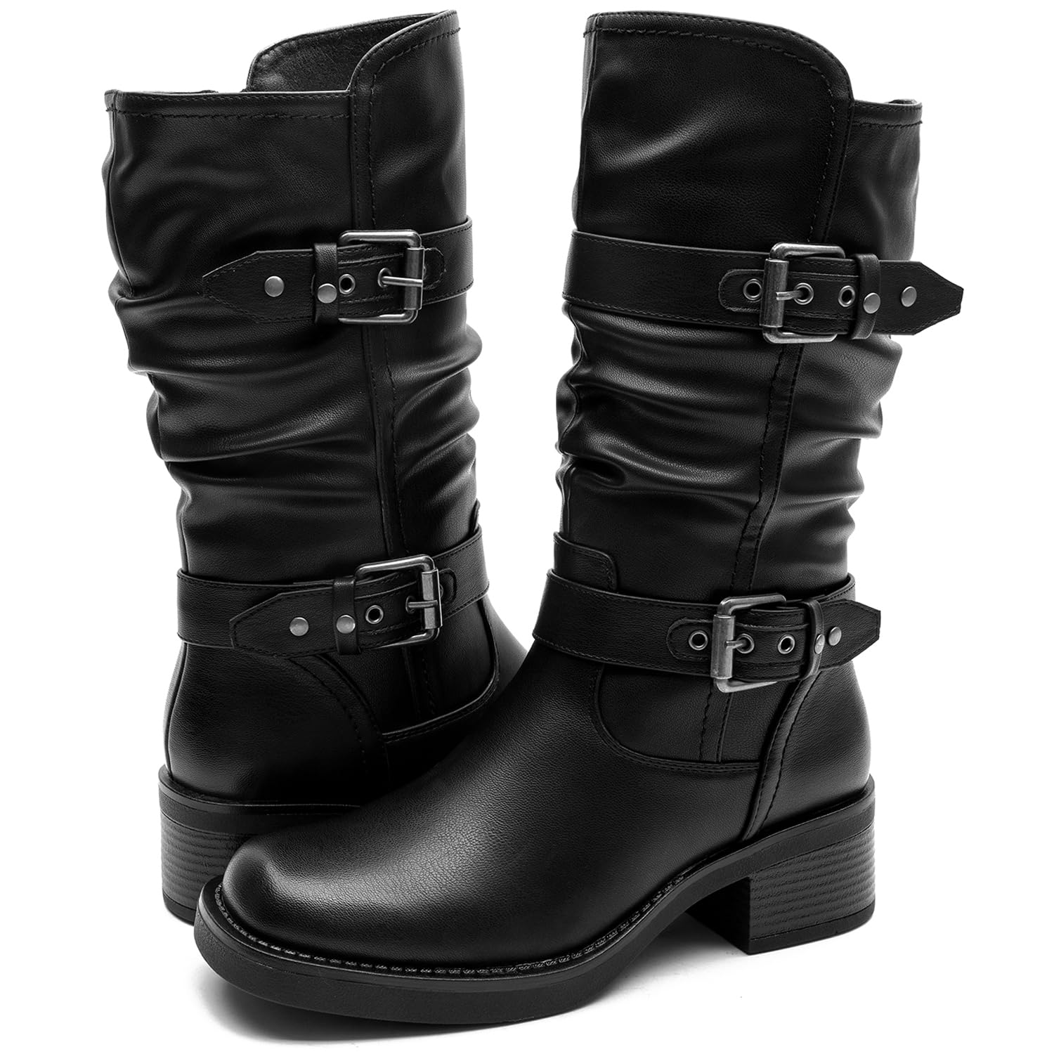 GLOBALWIN Women's Motorcycle Boots Fall Fashion Mid Calf Boots For Women Square Toe Low Heel Size 10M