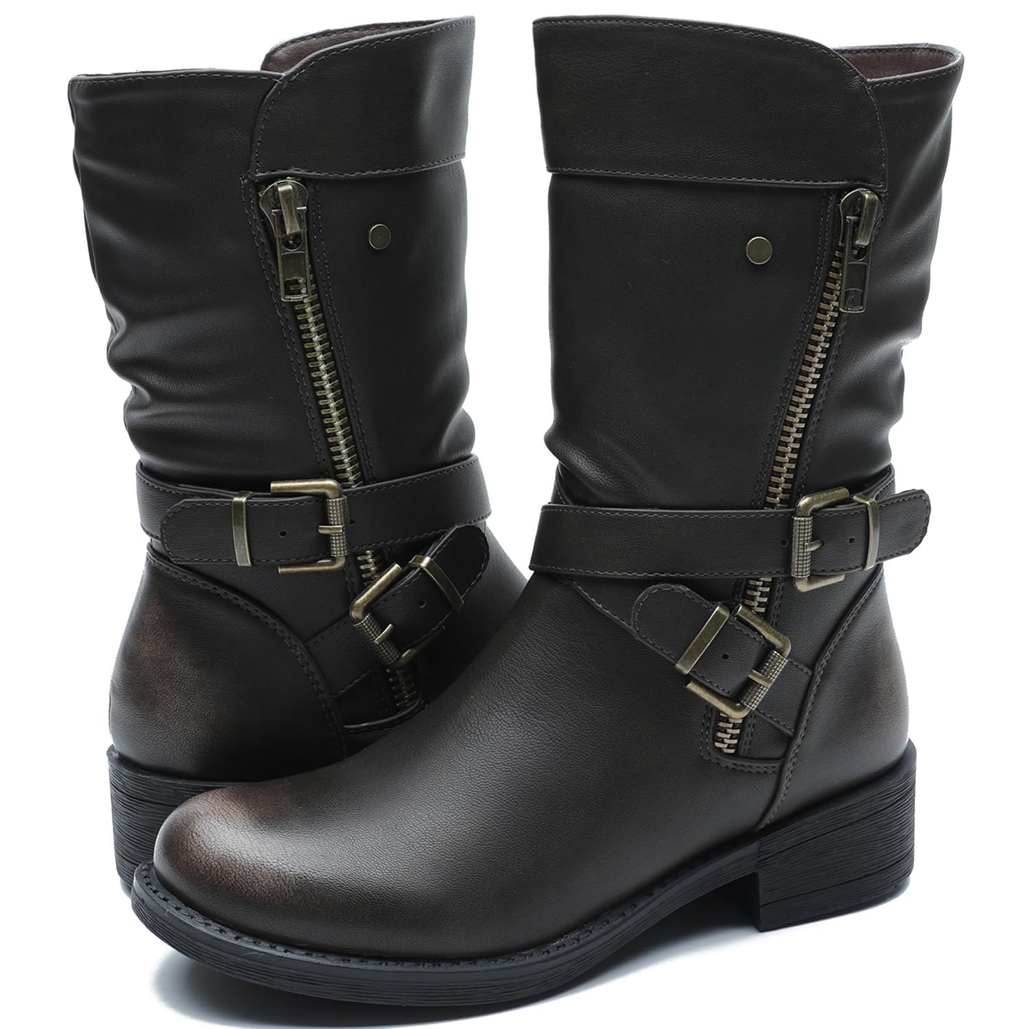 GLOBALWIN Women's Fall Fashion Biker Boots Mid Calf Boots For Women Low Heel
