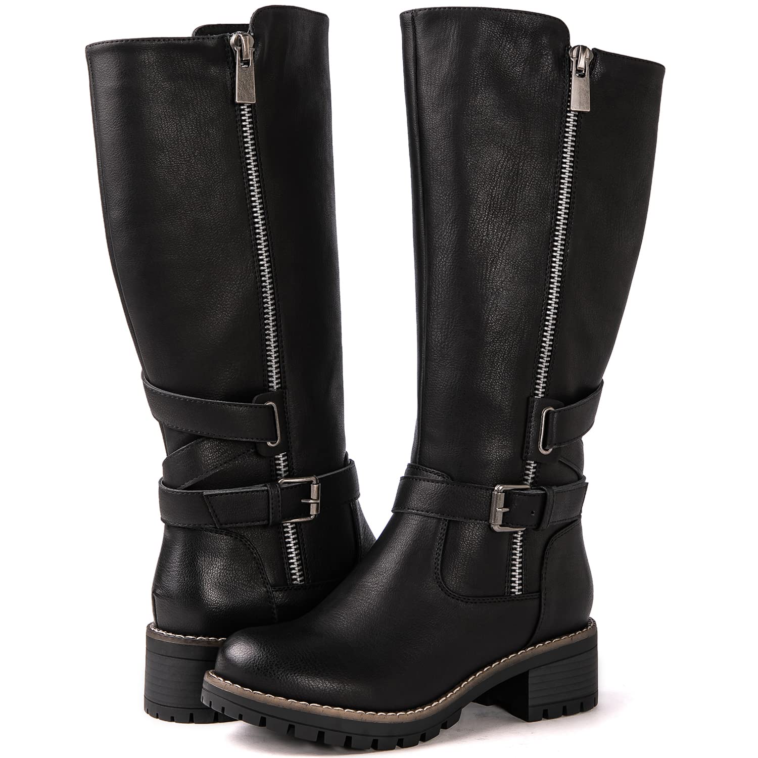 GLOBALWIN Women's Knee High Boots Tall Fashion Riding Boots For Women With Side Zipper Chunky Low Heel