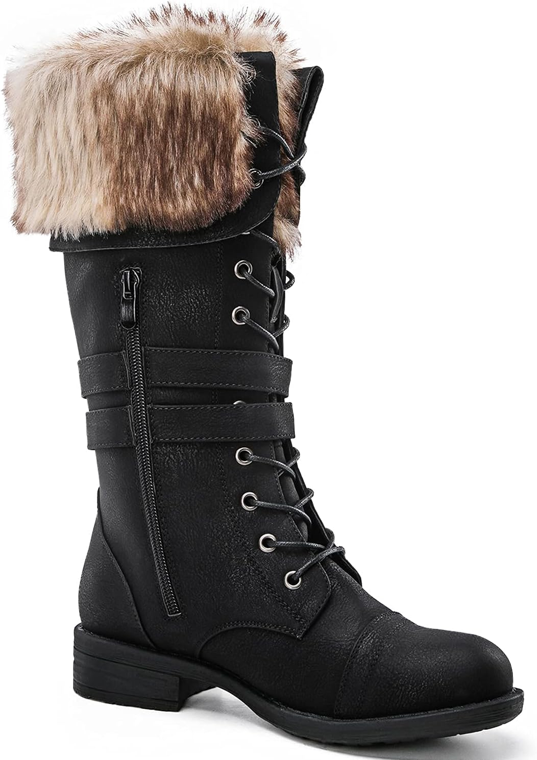GLOBALWIN Women's Mid Calf To Knee High Boots Dressy Lace Up Combat Boots for Women Low Heel