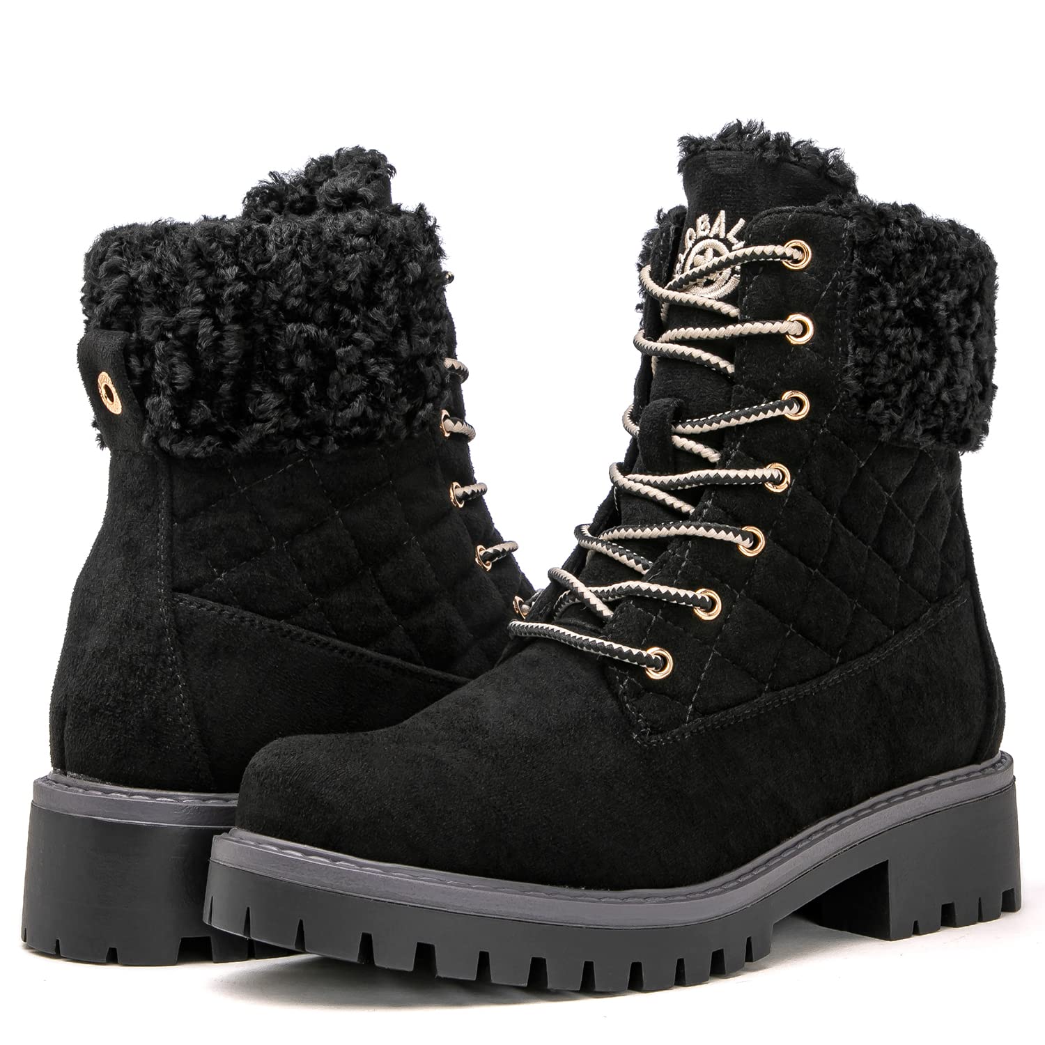 GLOBALWIN Women's Quilted Ankle Boots Fashion Combat Boots Lace Up Combat Boots Low Heel Warm Fur Ankle Booties For Women