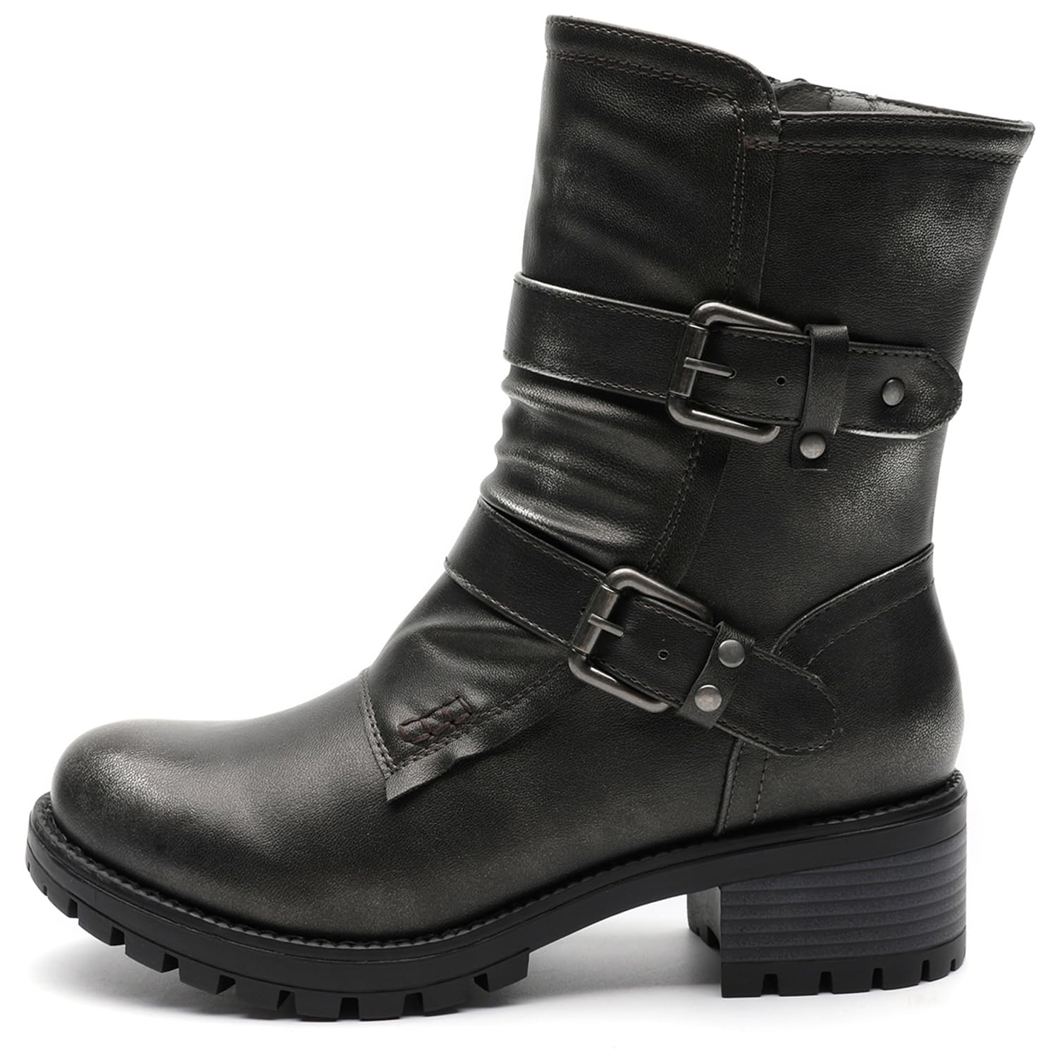 GLOBALWIN Women's Biker Boots Lace up Mid Calf Motorcycle Fashion Festival Boots Combat Riding Military Boots for Women