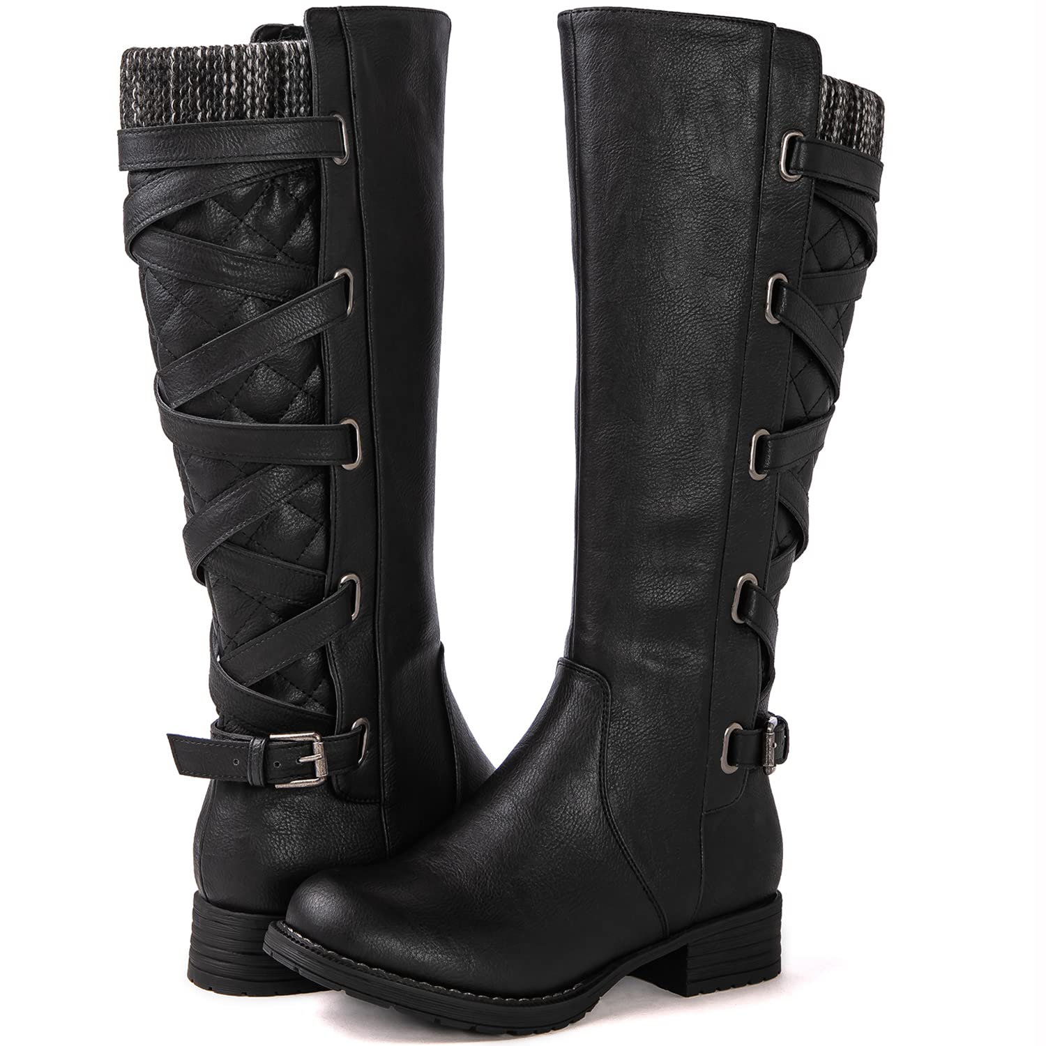 GLOBALWIN Women's Quilted Knee High Fashion Boots Strappy Boots For Women