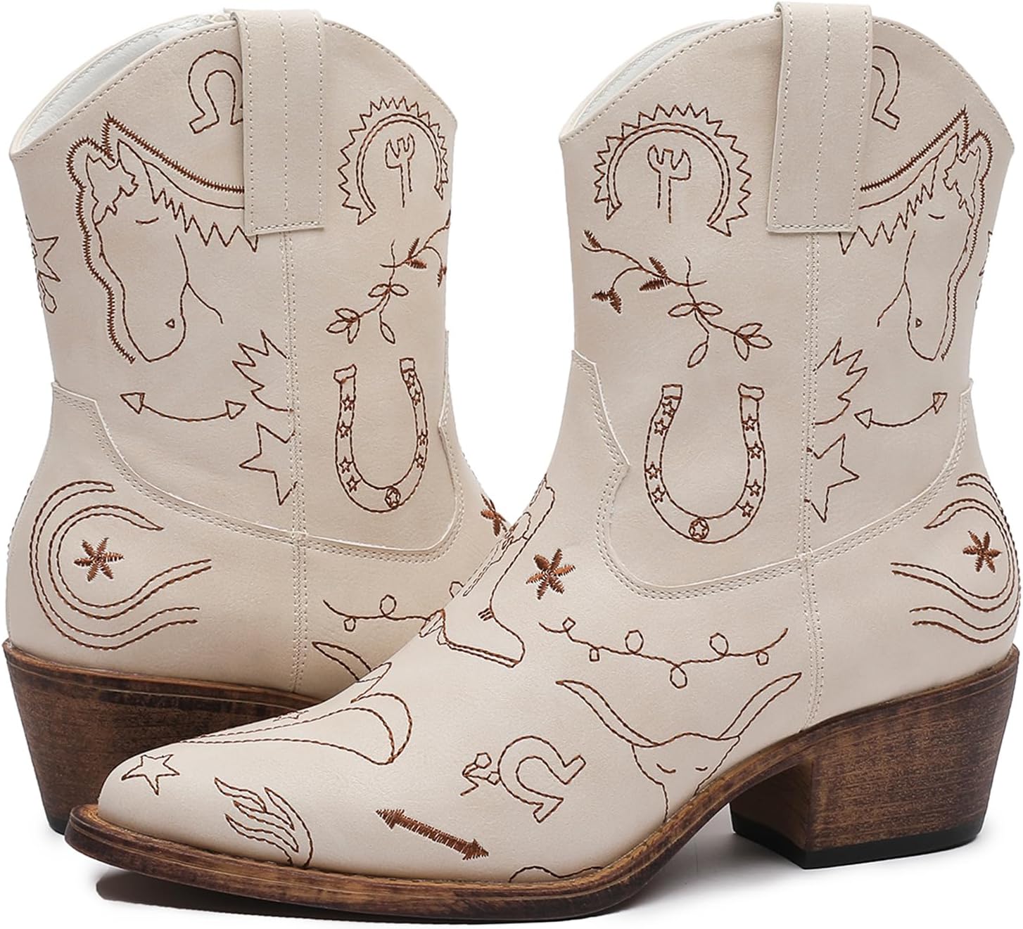 GLOBALWIN Women's Ankle Boots To Mid Calf Western Cowboy Boots Cowgirl Boots For Women With Floral Embroidery Side Zipper Chunky Heel