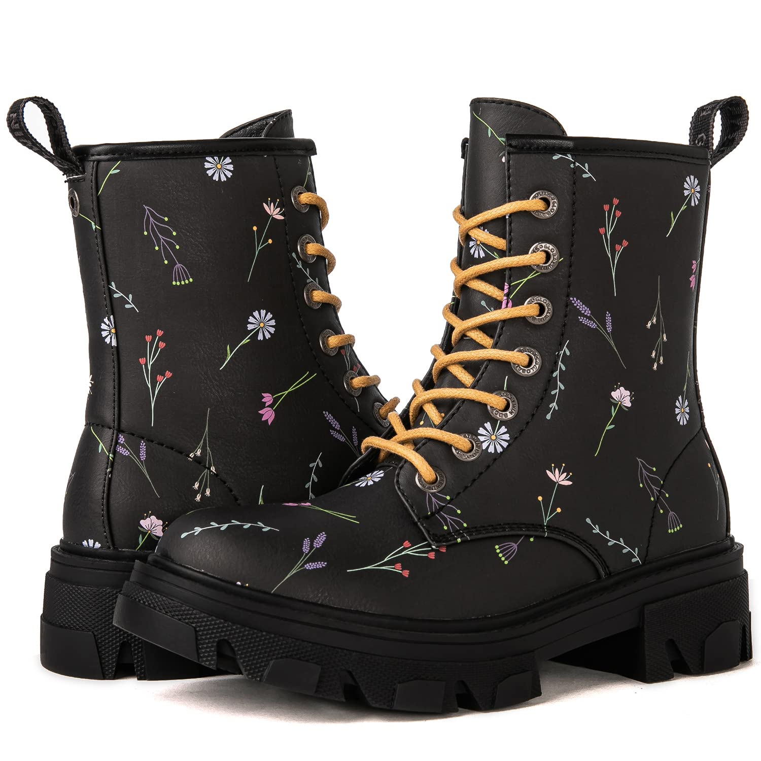 GLOBALWIN Women's Combat Boots Lace Up Ankle Booties For Women Low Heel