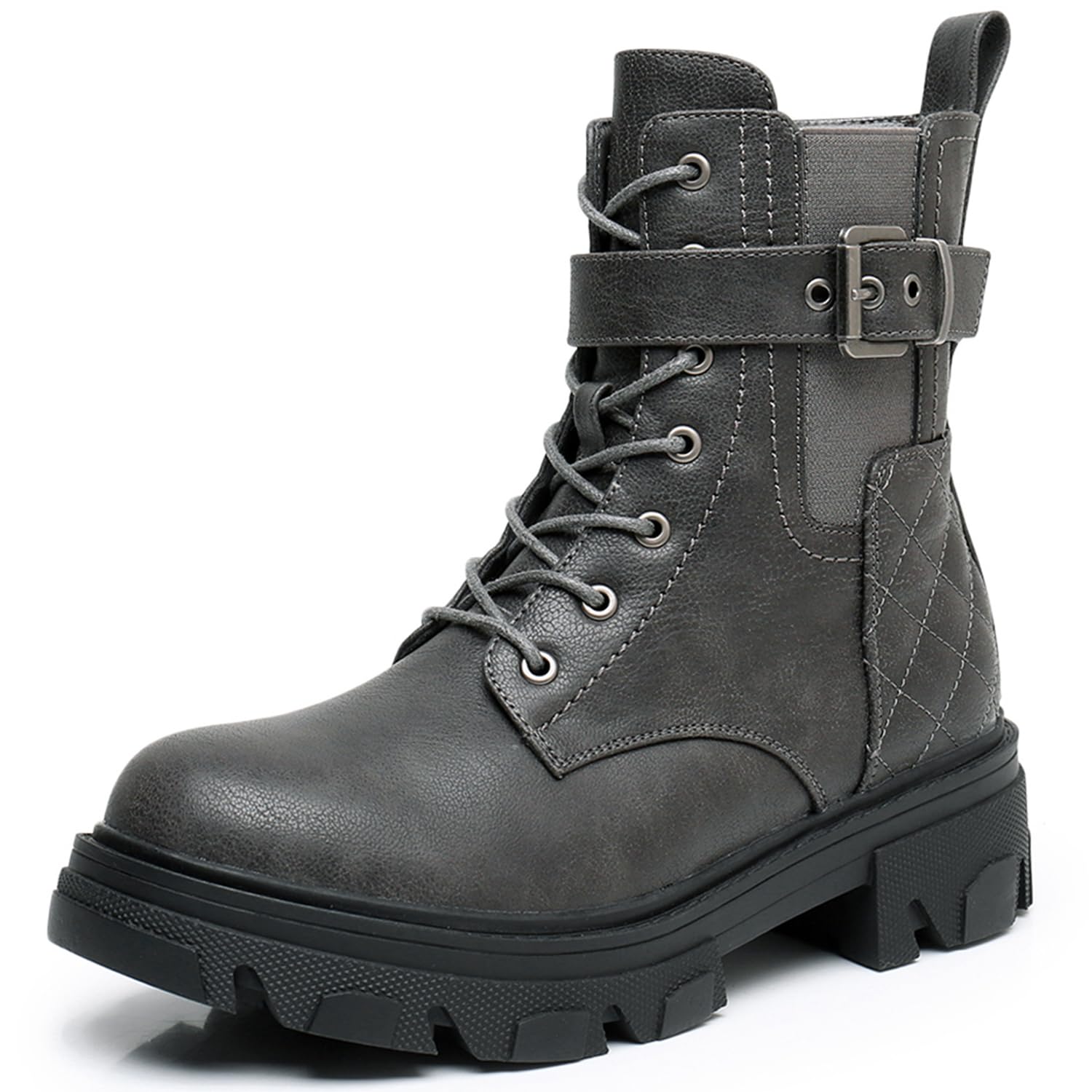 GLOBALWIN Women's Combat Boots Lace Up Ankle Booties Comfortable Lug Sole Boots For Women Chunky Low Heel