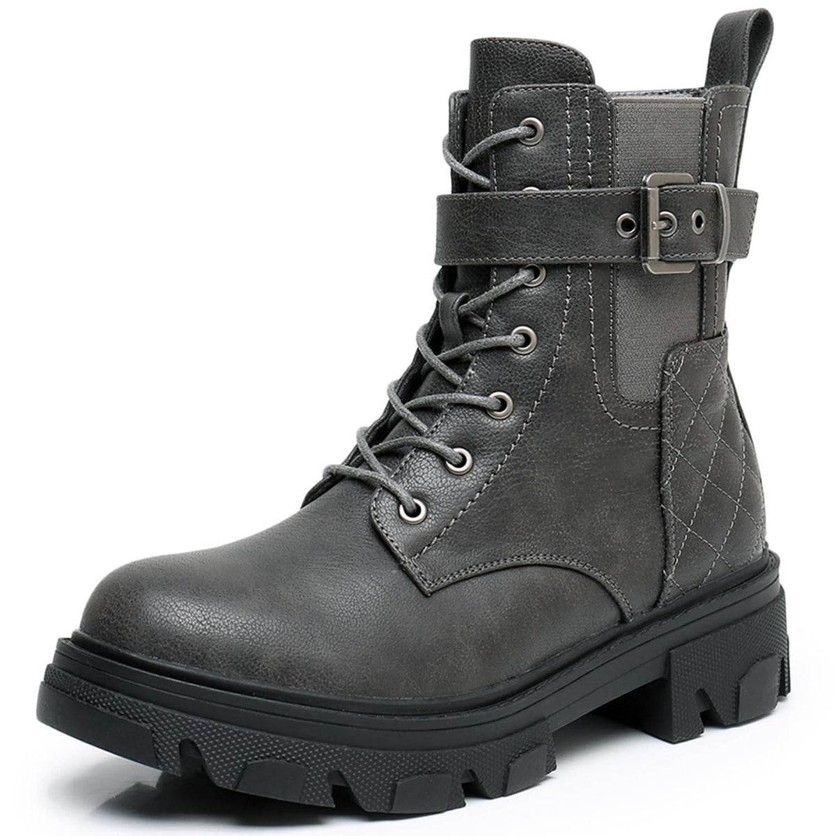 GLOBALWIN Women's Combat Boots Lace Up Ankle Booties Comfortable Lug Sole Boots For Women Chunky Low Heel