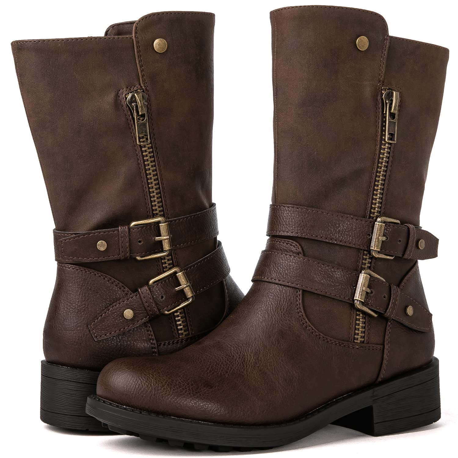 GLOBALWIN Women's Fall Fashion Biker Boots Mid Calf Boots For Women Low Heel