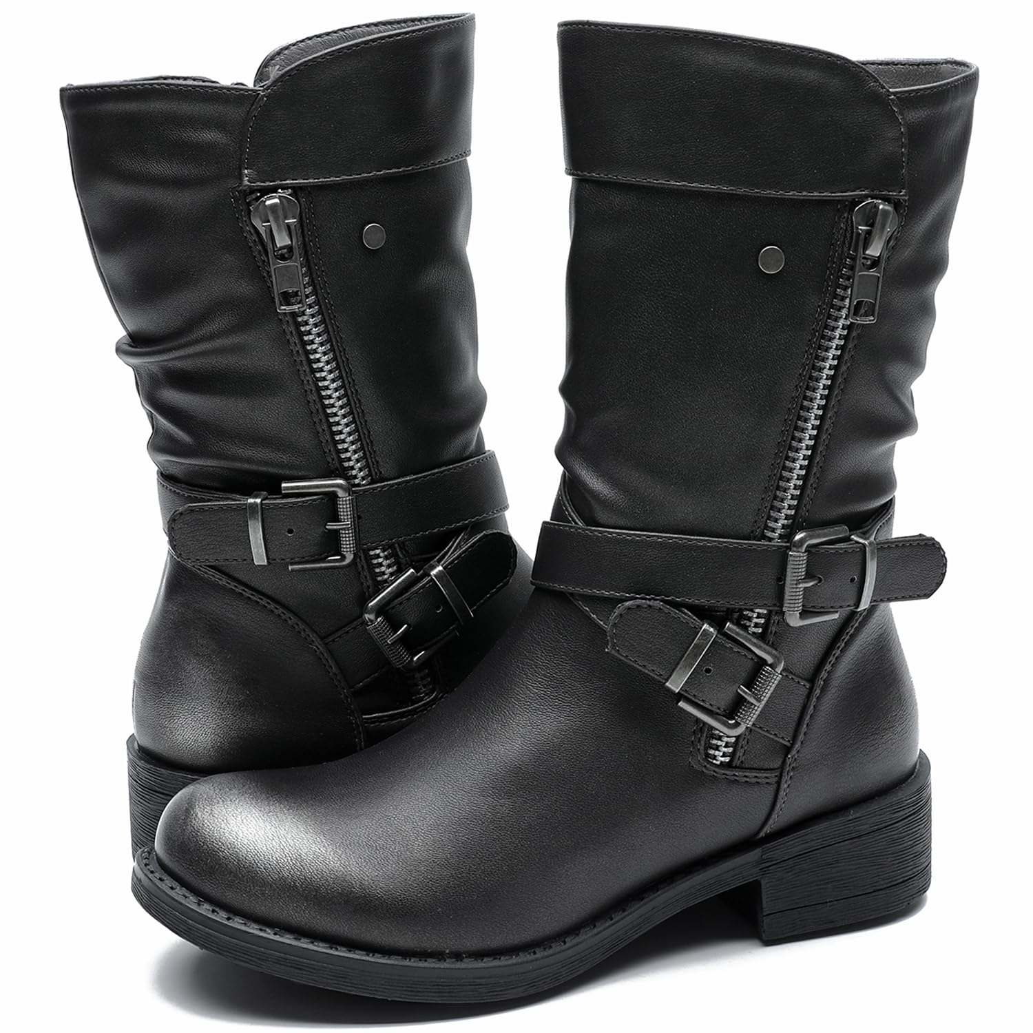 GLOBALWIN Women's Fall Fashion Biker Boots Mid Calf Boots For Women Low Heel