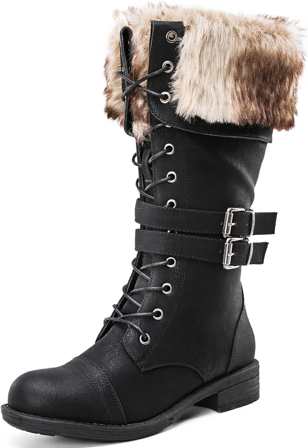 GLOBALWIN Women's Mid Calf To Knee High Boots Dressy Lace Up Combat Boots for Women Low Heel