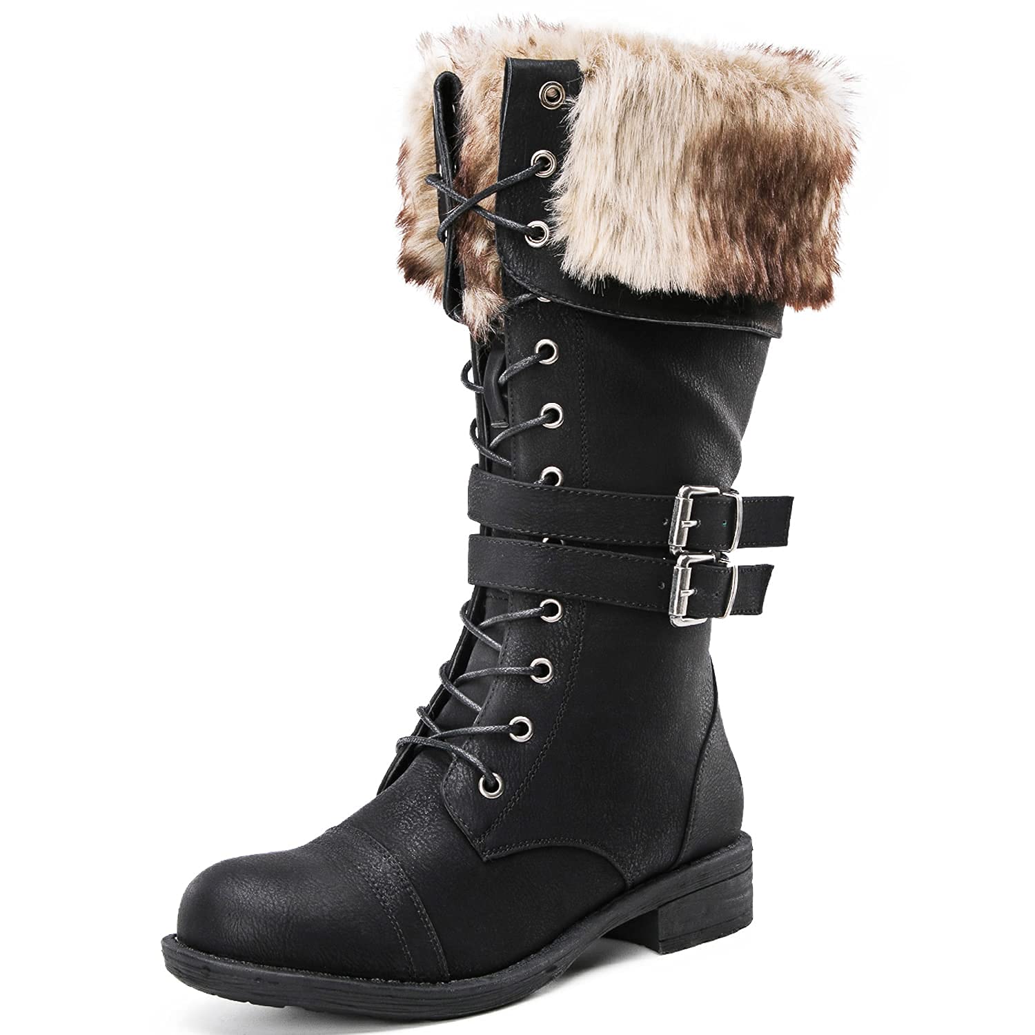 GLOBALWIN Women's Mid Calf To Knee High Boots Dressy Lace Up Combat Boots for Women Low Heel
