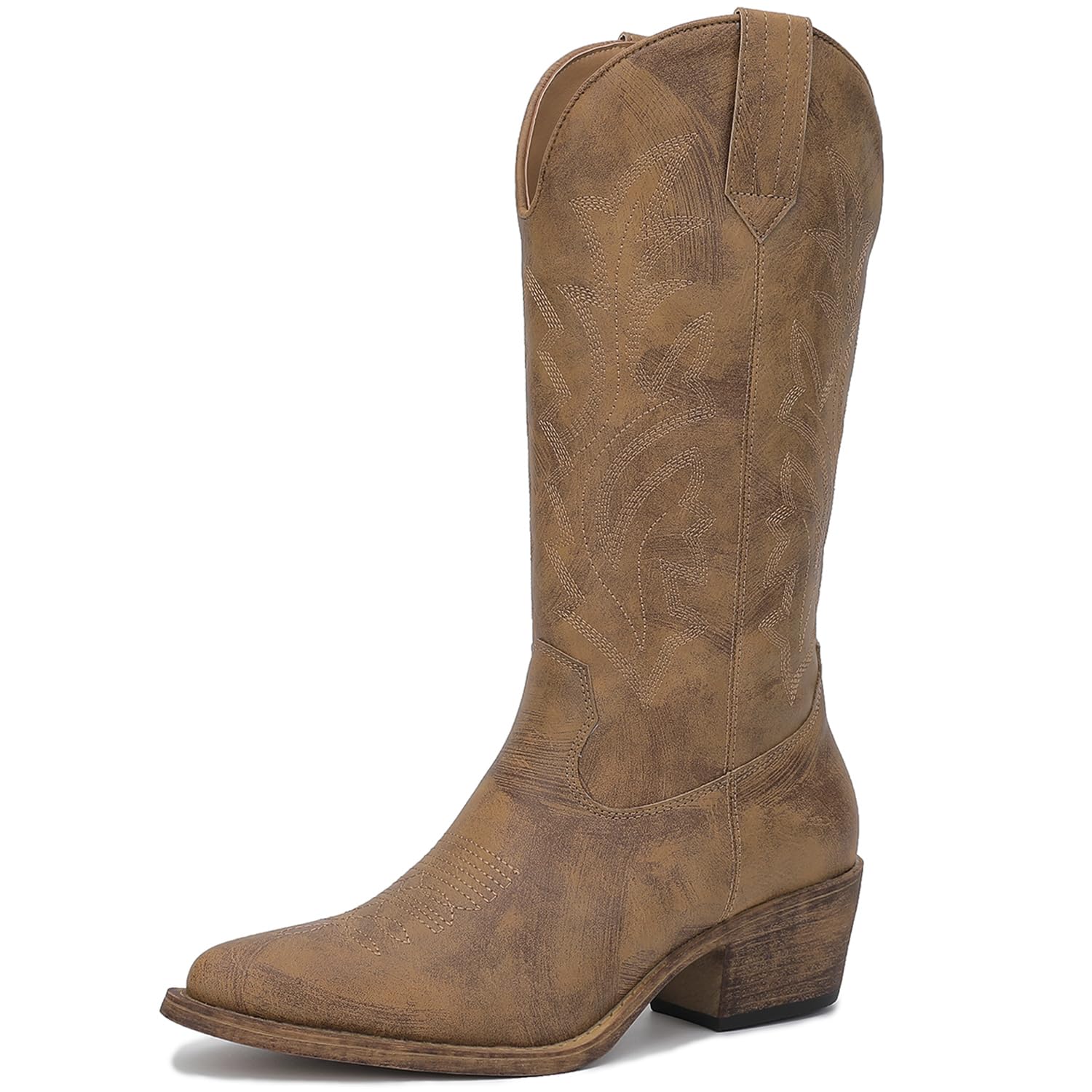 GLOBALWIN Women's Mid Calf Western Cowboy Boots Cowgirl Boots for Women with Floral Embroidery Side Zipper Chunky Heel