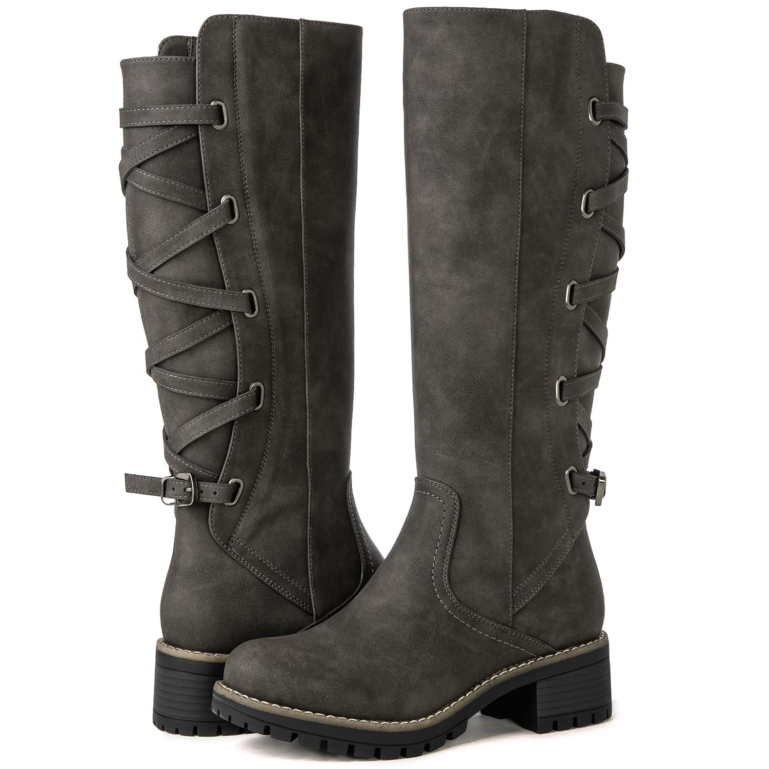GLOBALWIN Women's Strappy Motorcycle Knee High Boots Riding Boots Back Lace Up Fall Winter Fashion Knee High Boots For Women