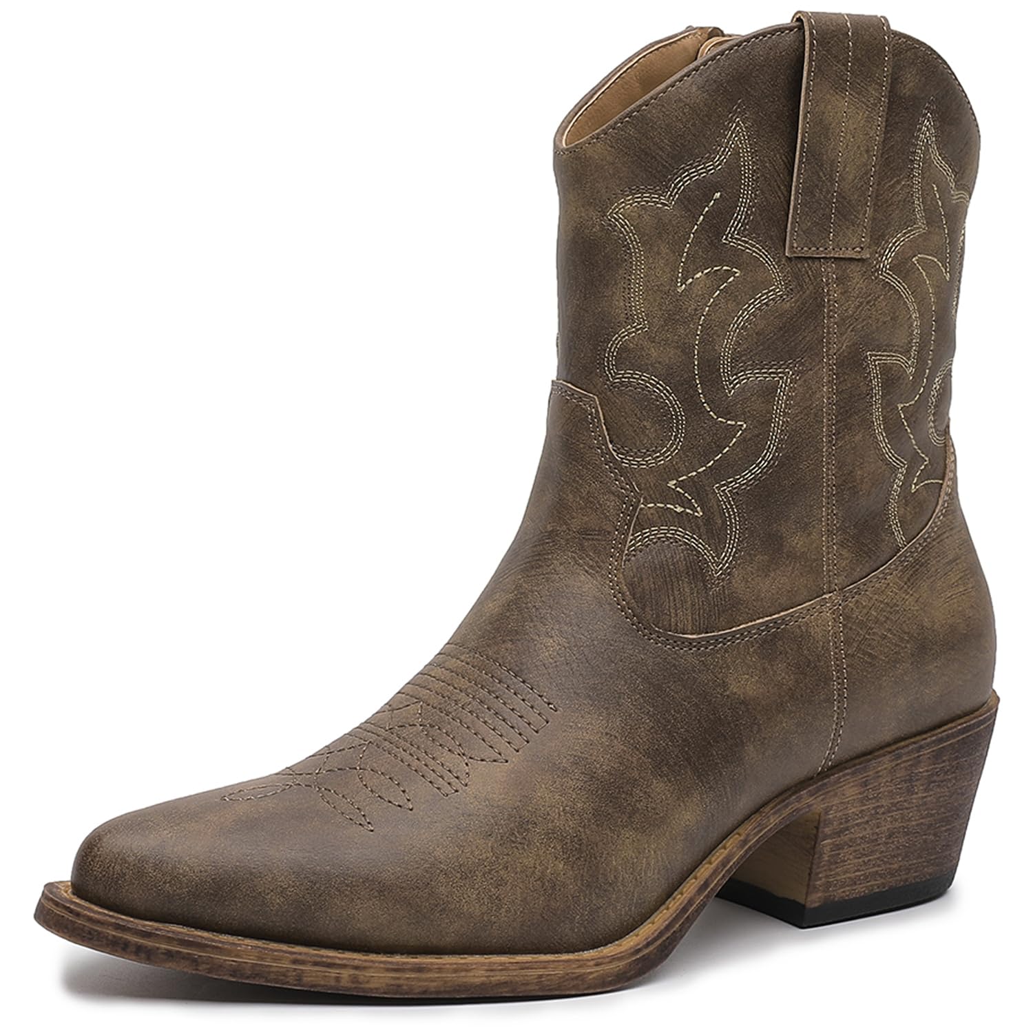 GLOBALWIN Women's Ankle Boots To Mid Calf Western Cowboy Boots Cowgirl Boots For Women With Floral Embroidery Side Zipper Chunky Heel