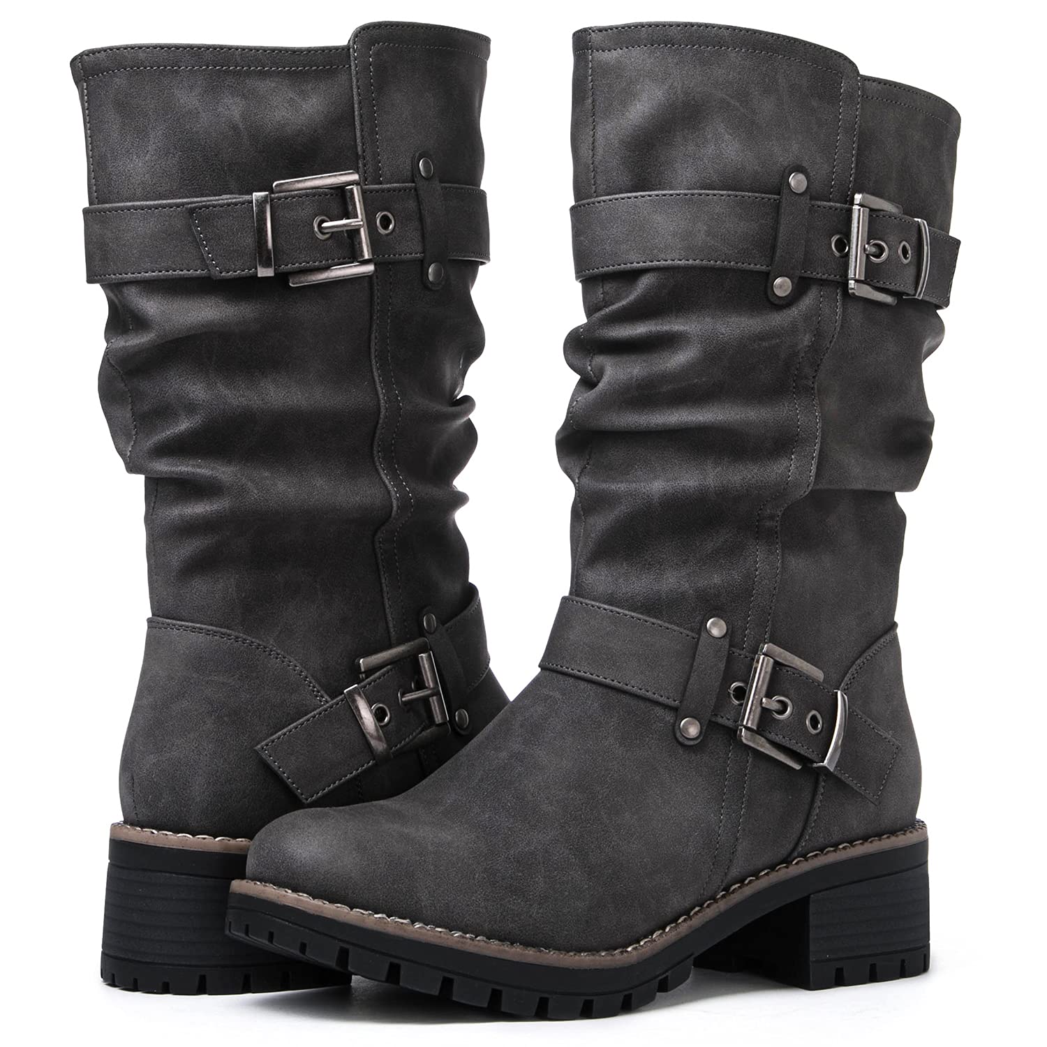 GLOBALWIN Women's Mid Calf Dress Boots Biker Motorcycle Riding Boots Women For Women