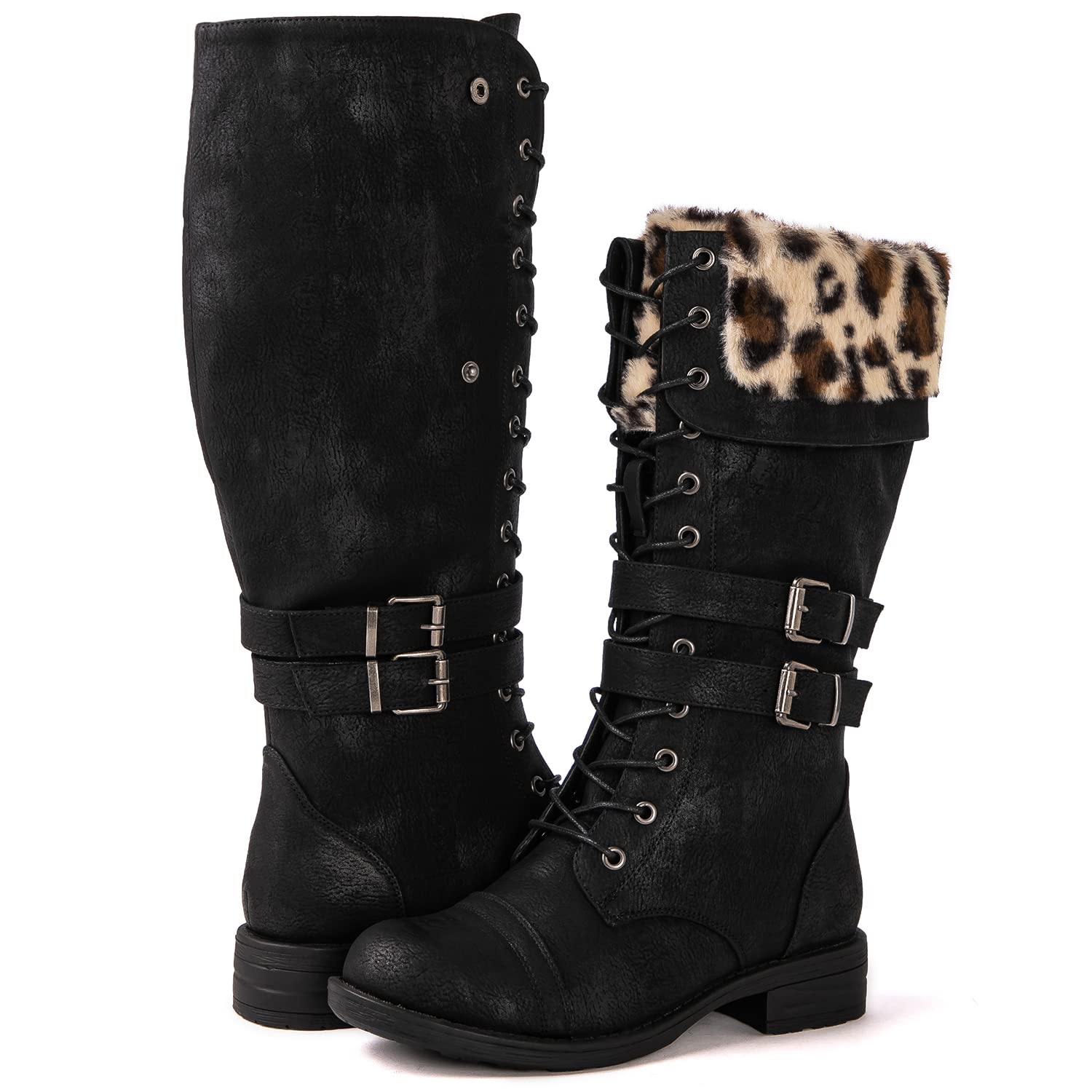 GLOBALWIN Women's Mid Calf To Knee High Boots Dressy Lace Up Combat Boots for Women Low Heel