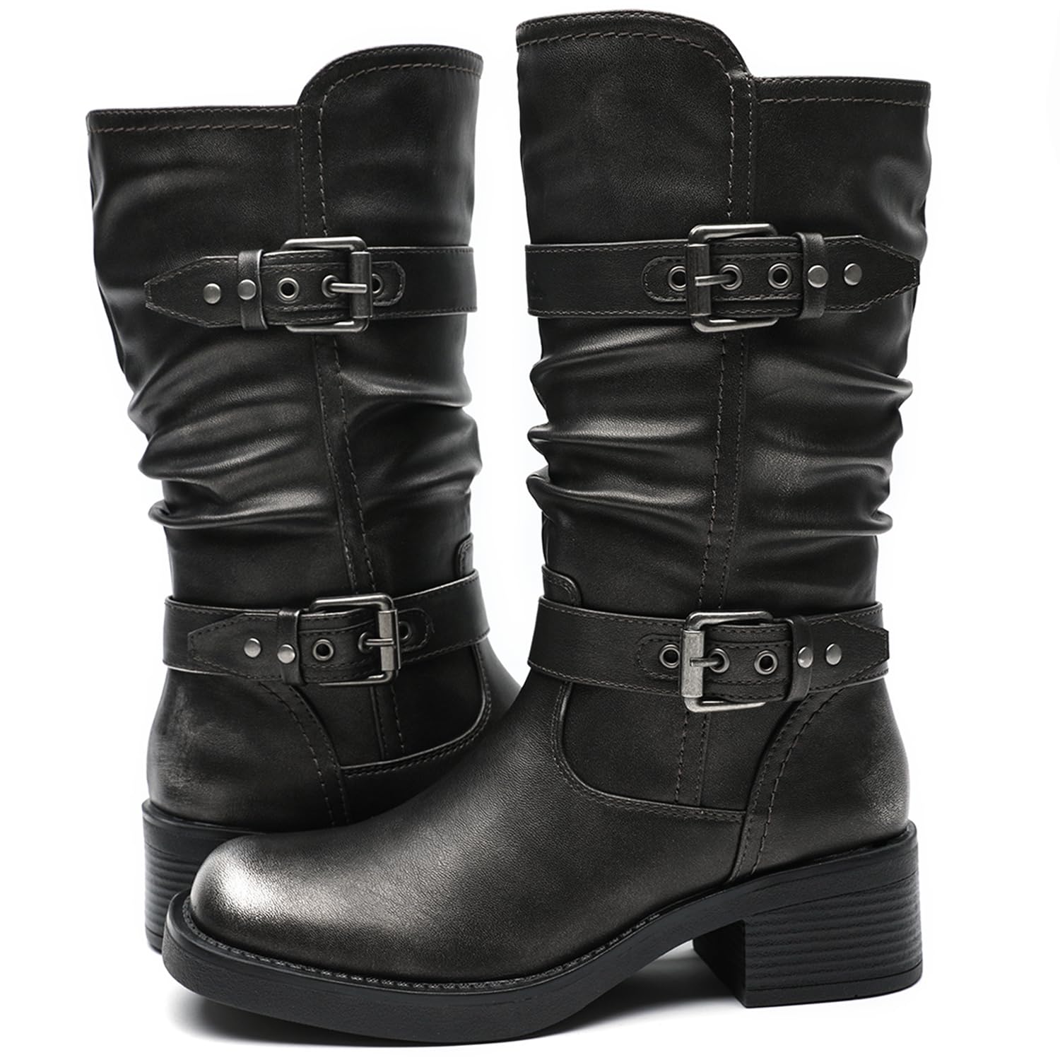 GLOBALWIN Women's Motorcycle Boots Fall Fashion Mid Calf Boots For Women Square Toe Low Heel Size 10M