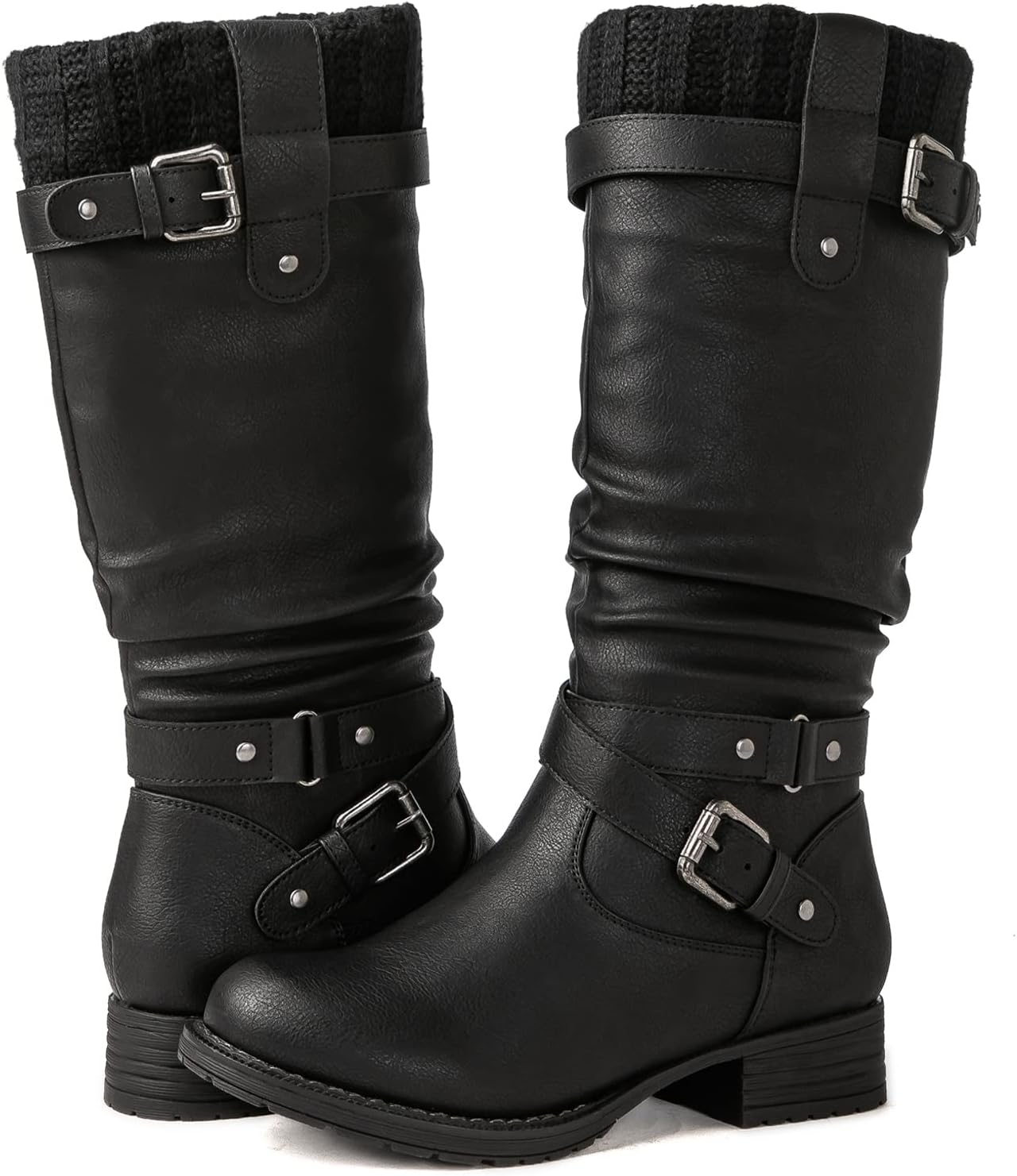 GLOBALWIN Women's Motorcycle Boots Mid Calf Boots Low Heels