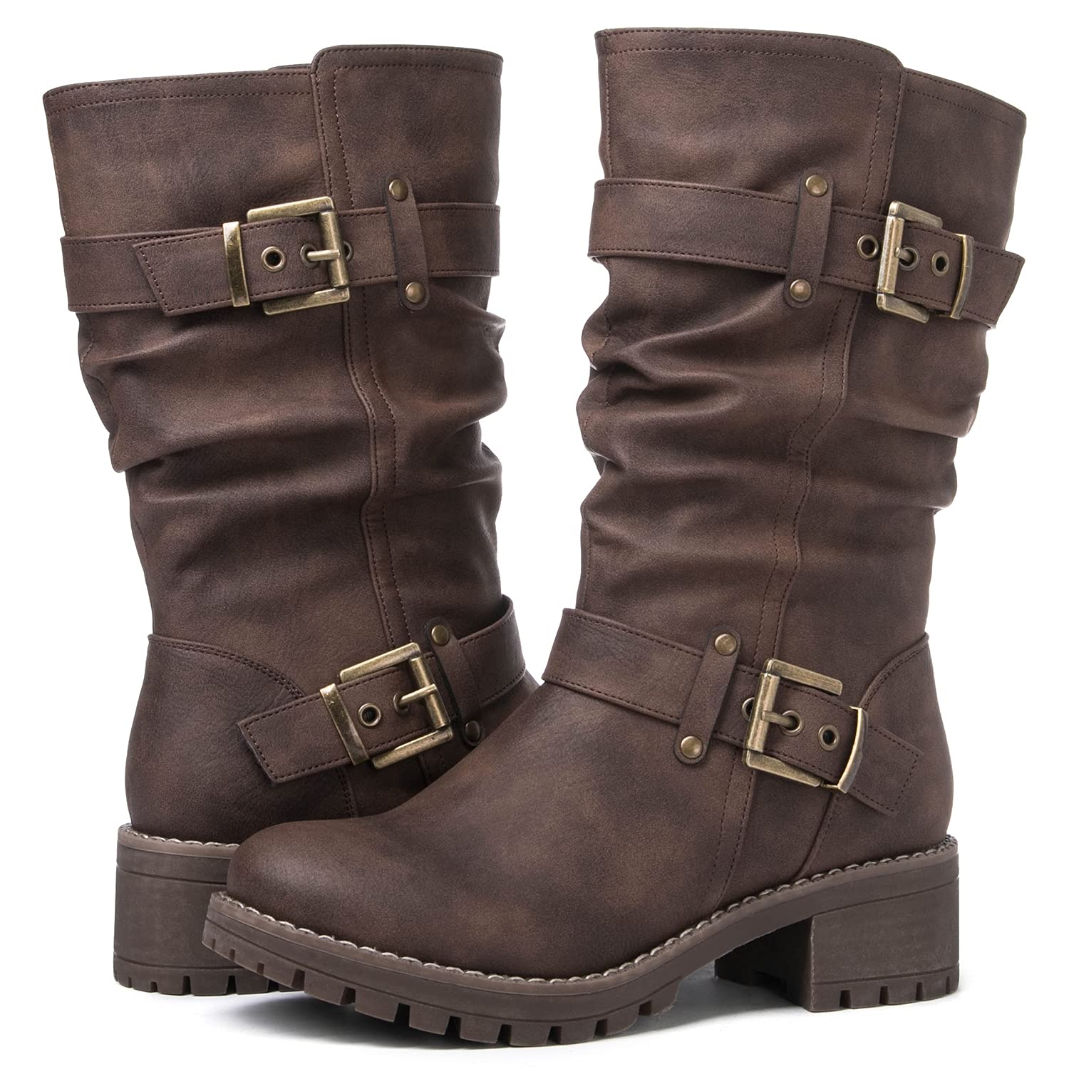 GLOBALWIN Women's Mid Calf Dress Boots Biker Motorcycle Riding Boots Women For Women