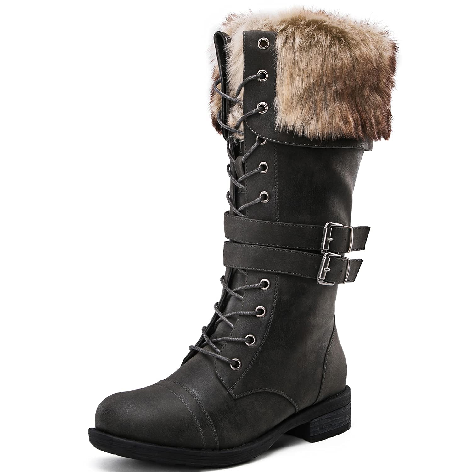 GLOBALWIN Women's Mid Calf To Knee High Boots Dressy Lace Up Combat Boots for Women Low Heel