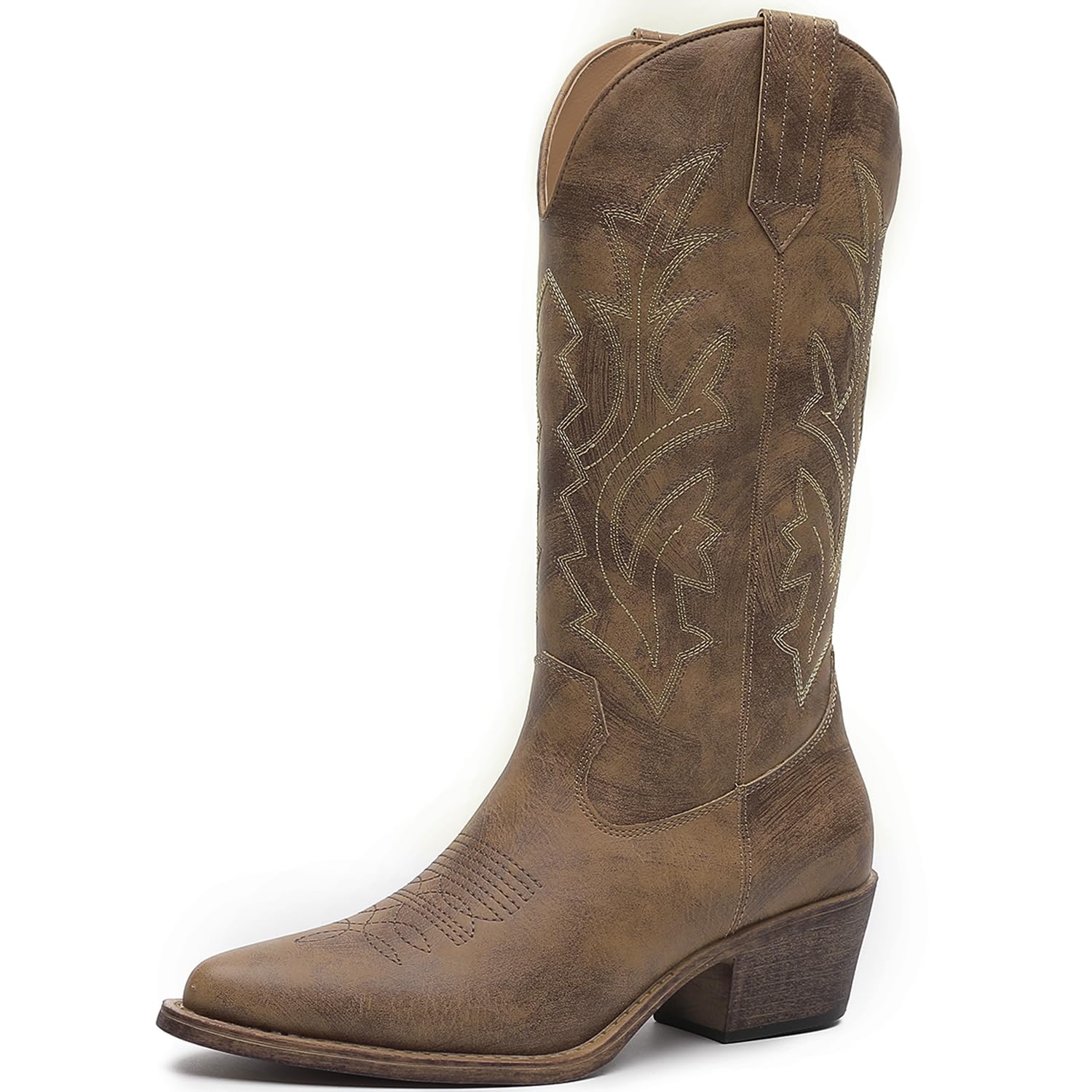 GLOBALWIN Women's Mid Calf Western Cowboy Boots Cowgirl Boots for Women with Floral Embroidery Side Zipper Chunky Heel