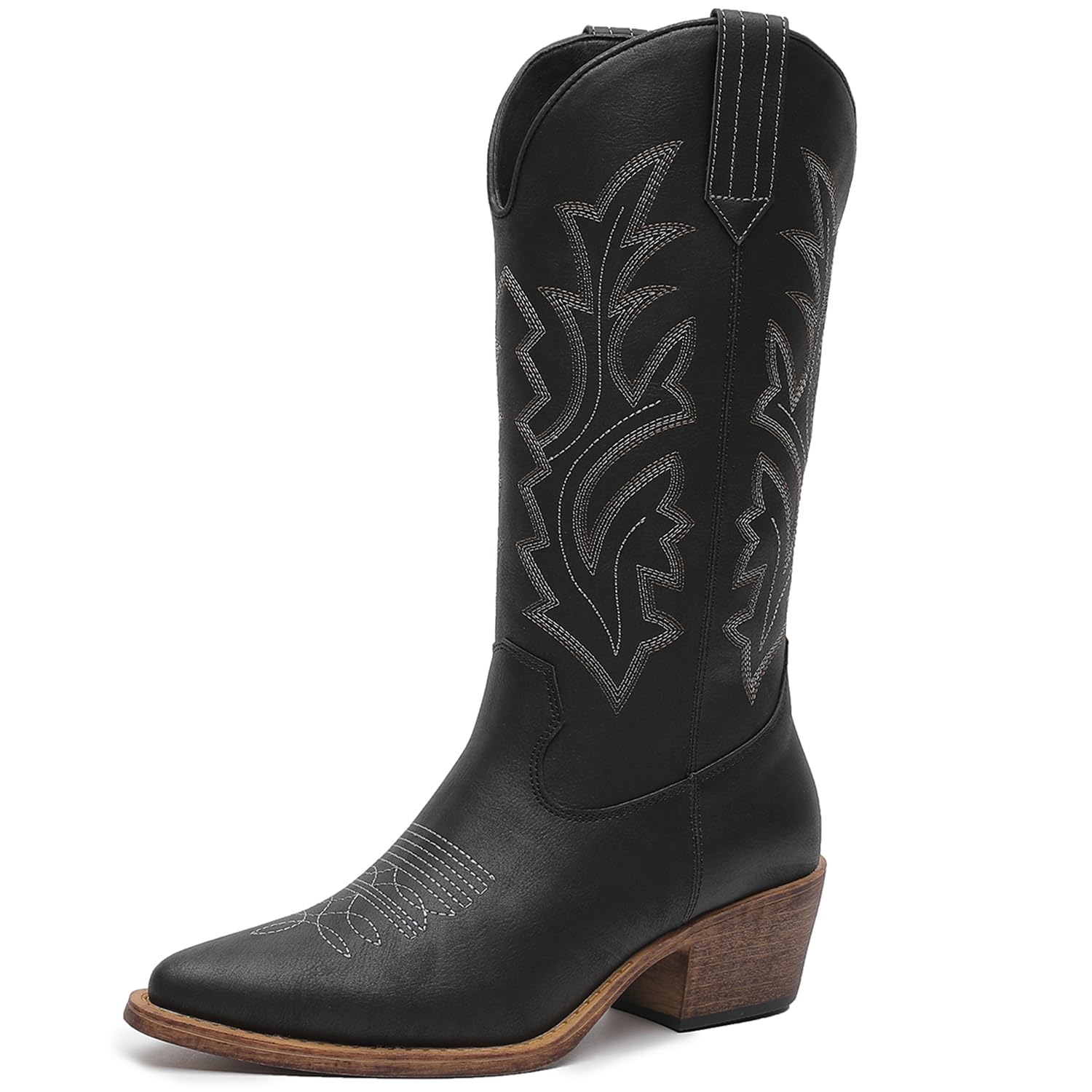 GLOBALWIN Women's Mid Calf Western Cowboy Boots Cowgirl Boots for Women with Floral Embroidery Side Zipper Chunky Heel