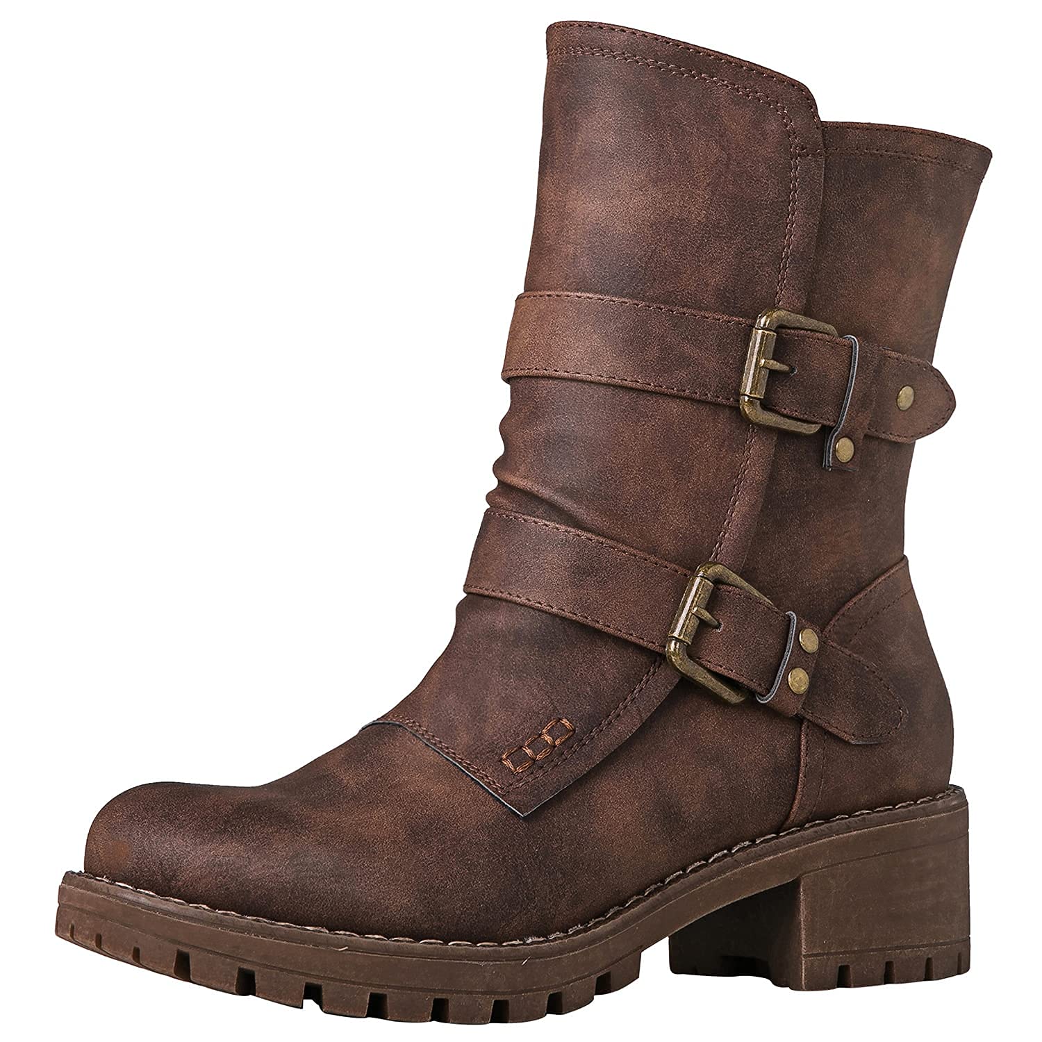 GLOBALWIN Women's Biker Boots Lace up Mid Calf Motorcycle Fashion Festival Boots Combat Riding Military Boots for Women