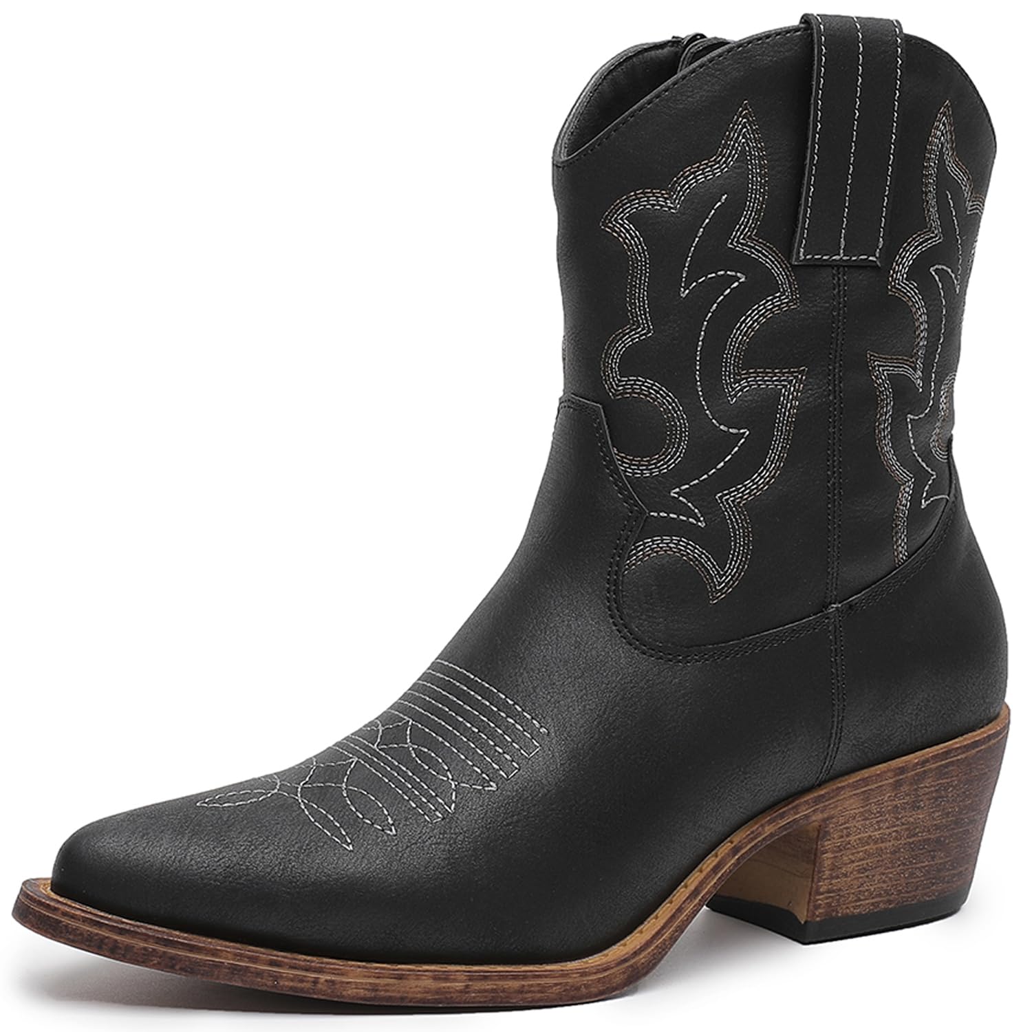 GLOBALWIN Women's Ankle Boots To Mid Calf Western Cowboy Boots Cowgirl Boots For Women With Floral Embroidery Side Zipper Chunky Heel