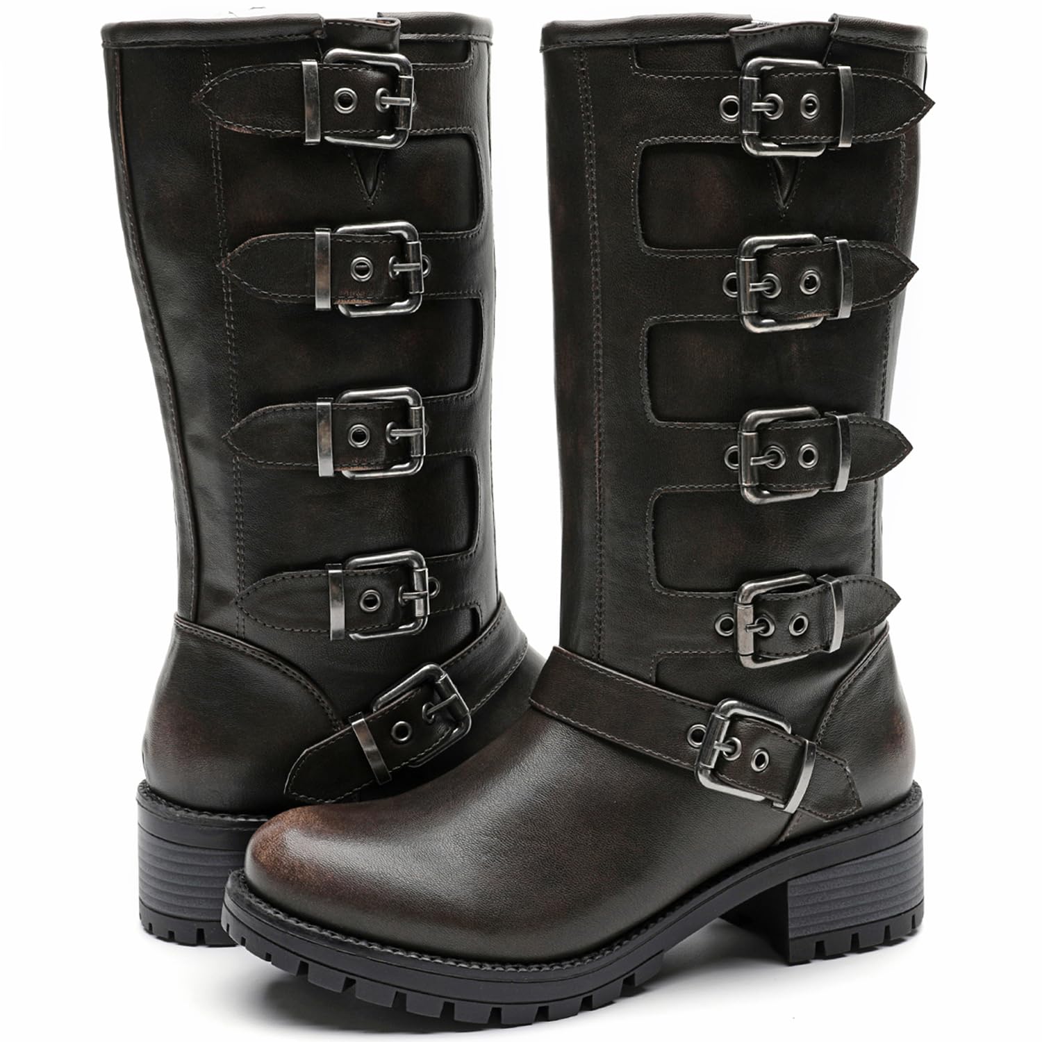 GLOBALWIN Chunky Mid Calf Fashion Dressy Motocycle Biker Military Style Combat Boots for Women Low Heel