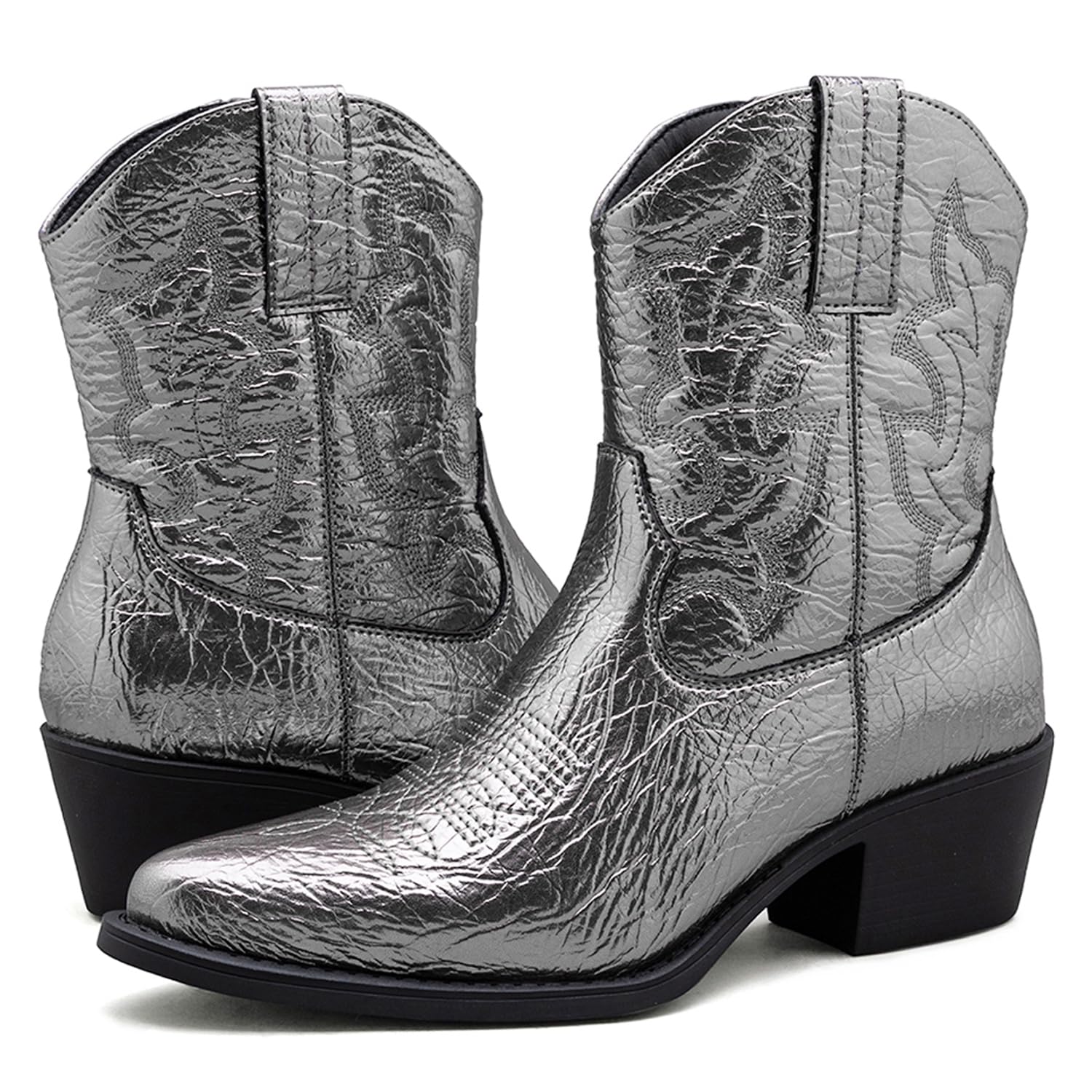 GLOBALWIN Women's Ankle Boots To Mid Calf Western Cowboy Boots Cowgirl Boots For Women With Floral Embroidery Side Zipper Chunky Heel