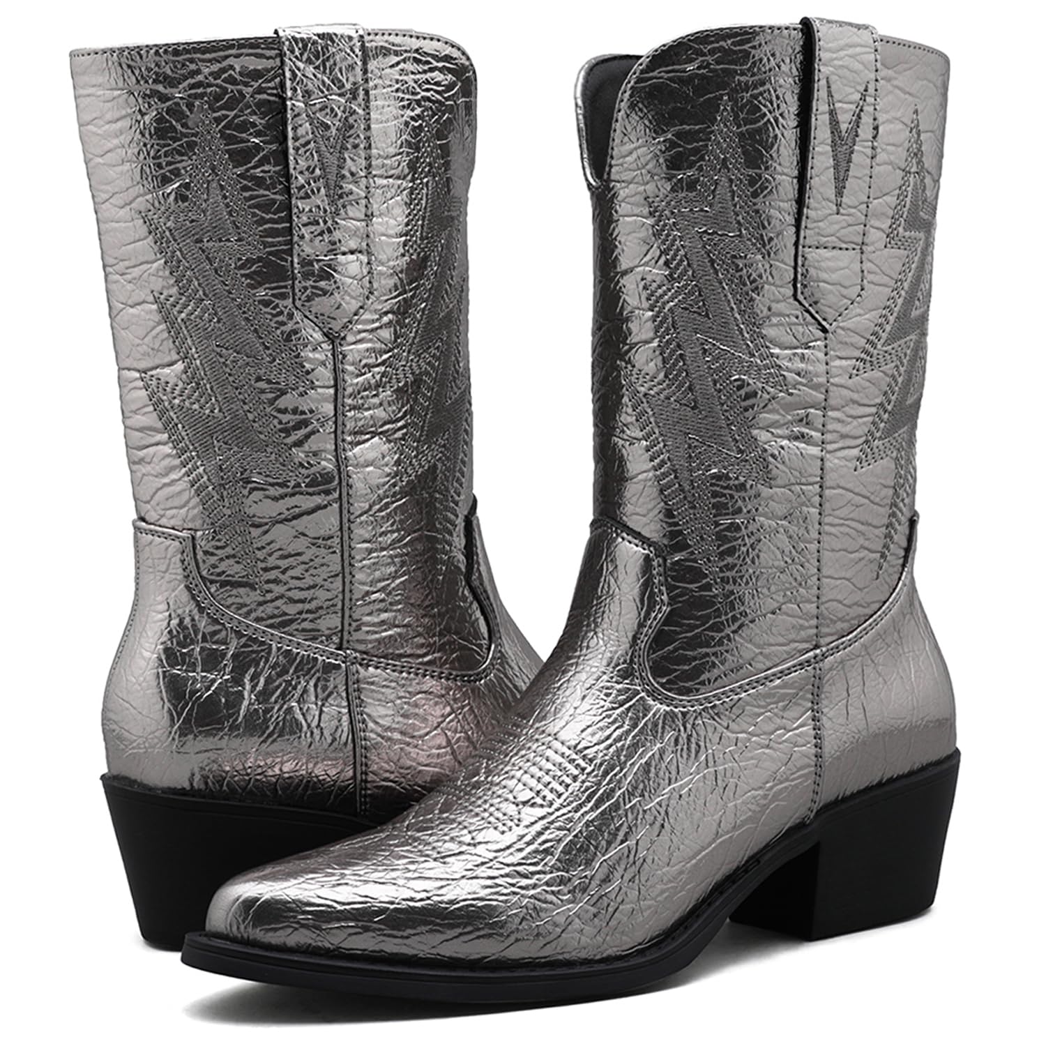 GLOBALWIN Women's Mid Calf Western Cowboy Cowgirl Pointed Toe Boots With Chunky Low Heels